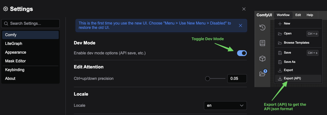 Exporting workflow as API JSON from ComfyUI dev mode