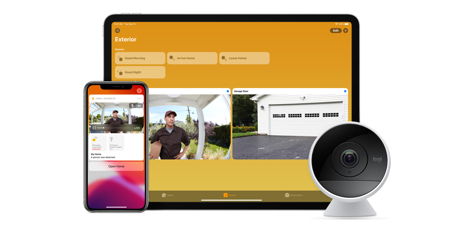 Apple Home app showing Blink cameras as native HomeKit accessories with live view and motion sensor tiles