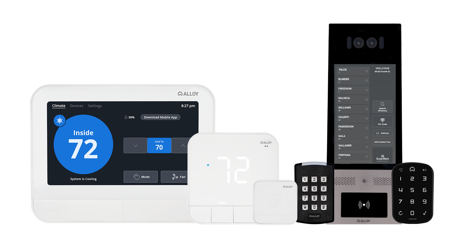 SmartRent device lineup: thermostat, hub, keypad, and entry panel