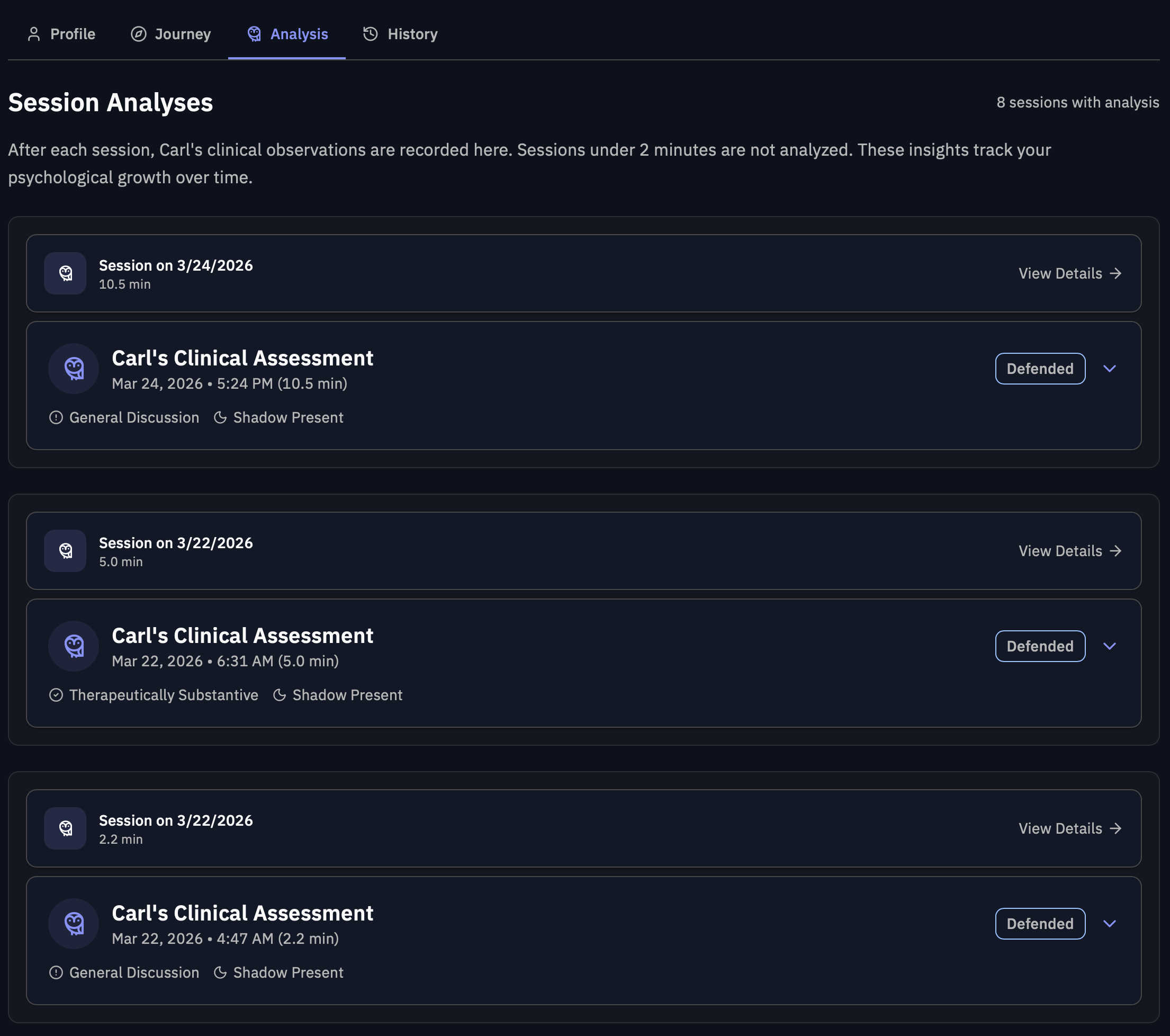 Archetype clinical analysis dashboard showing session assessments with therapeutic tags