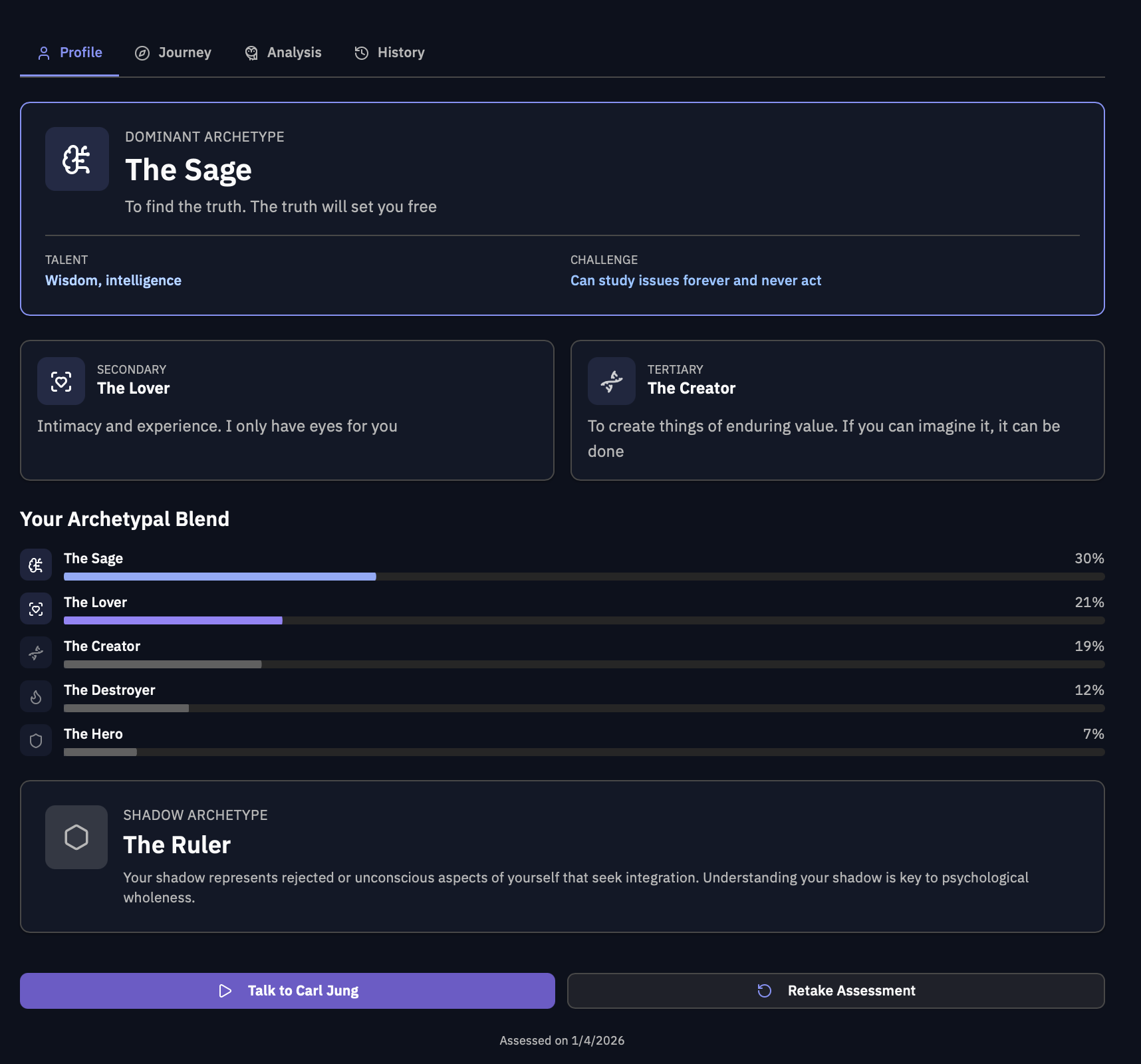 Archetype profile showing archetypal blend with Sage 30%, Lover 21%, Creator 19% and Shadow Archetype identification