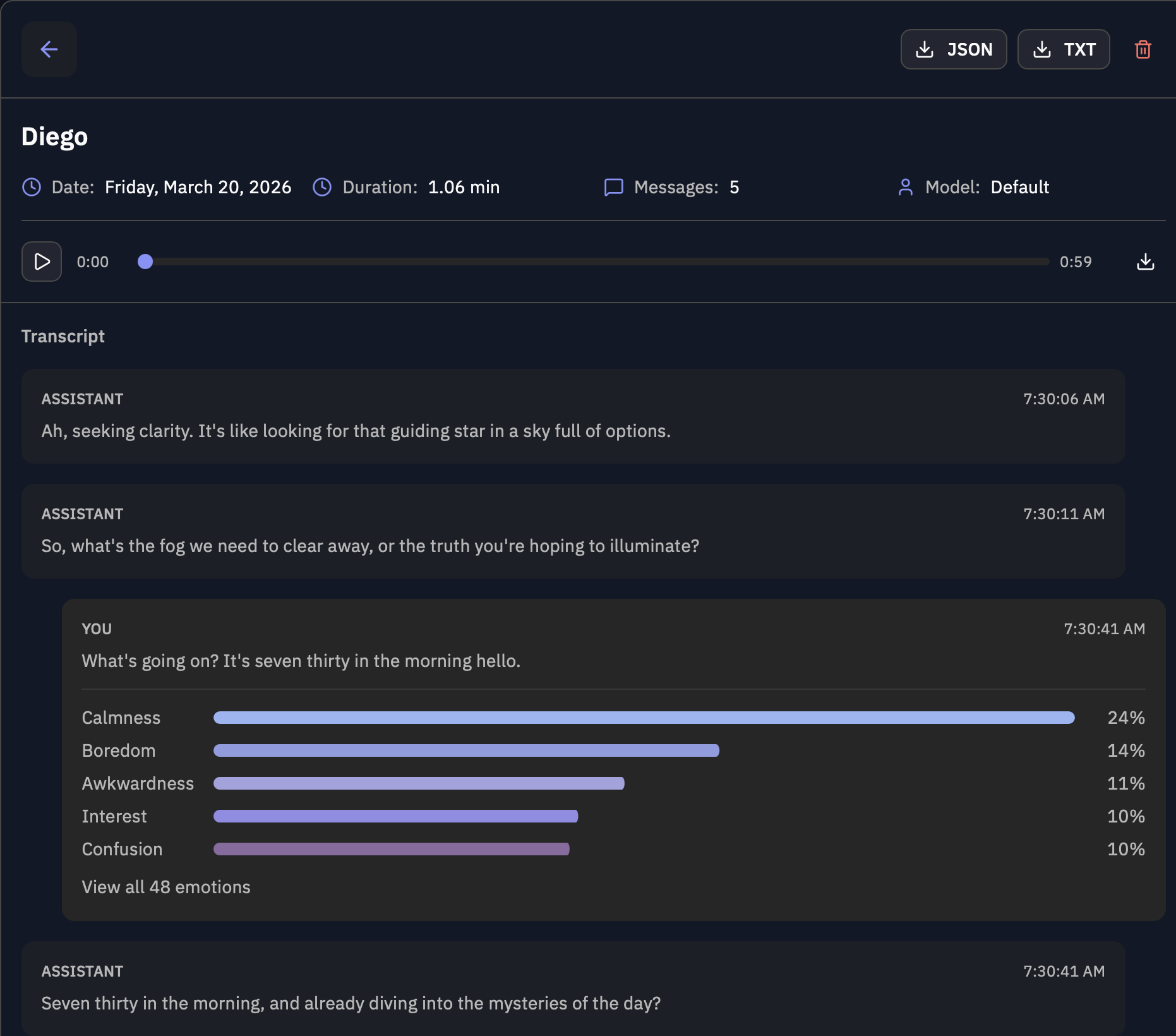 Dashboard showing conversation transcript with inline emotion detection