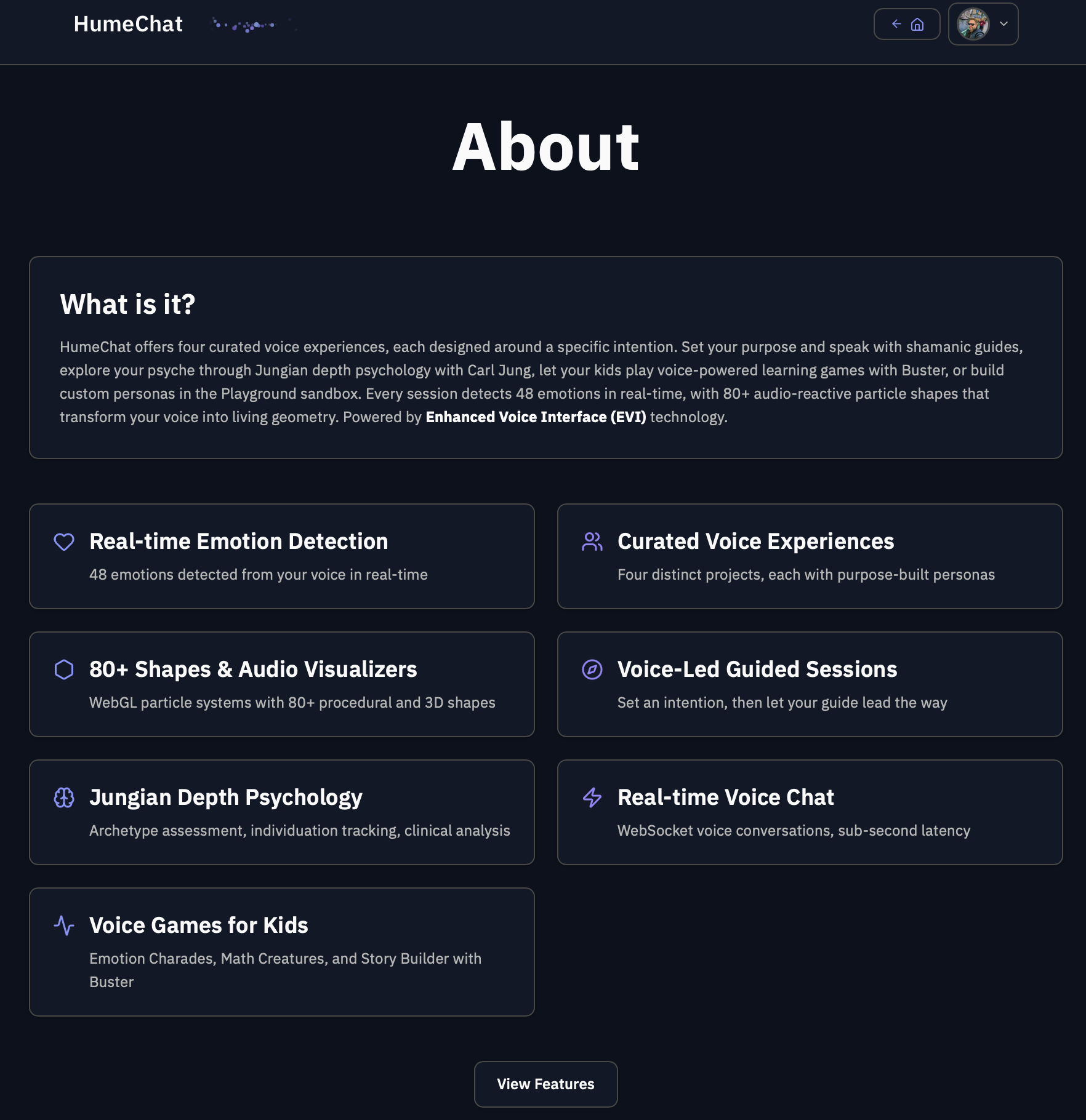 HumeChat About page, AI Voice Interface with Emotional Intelligence