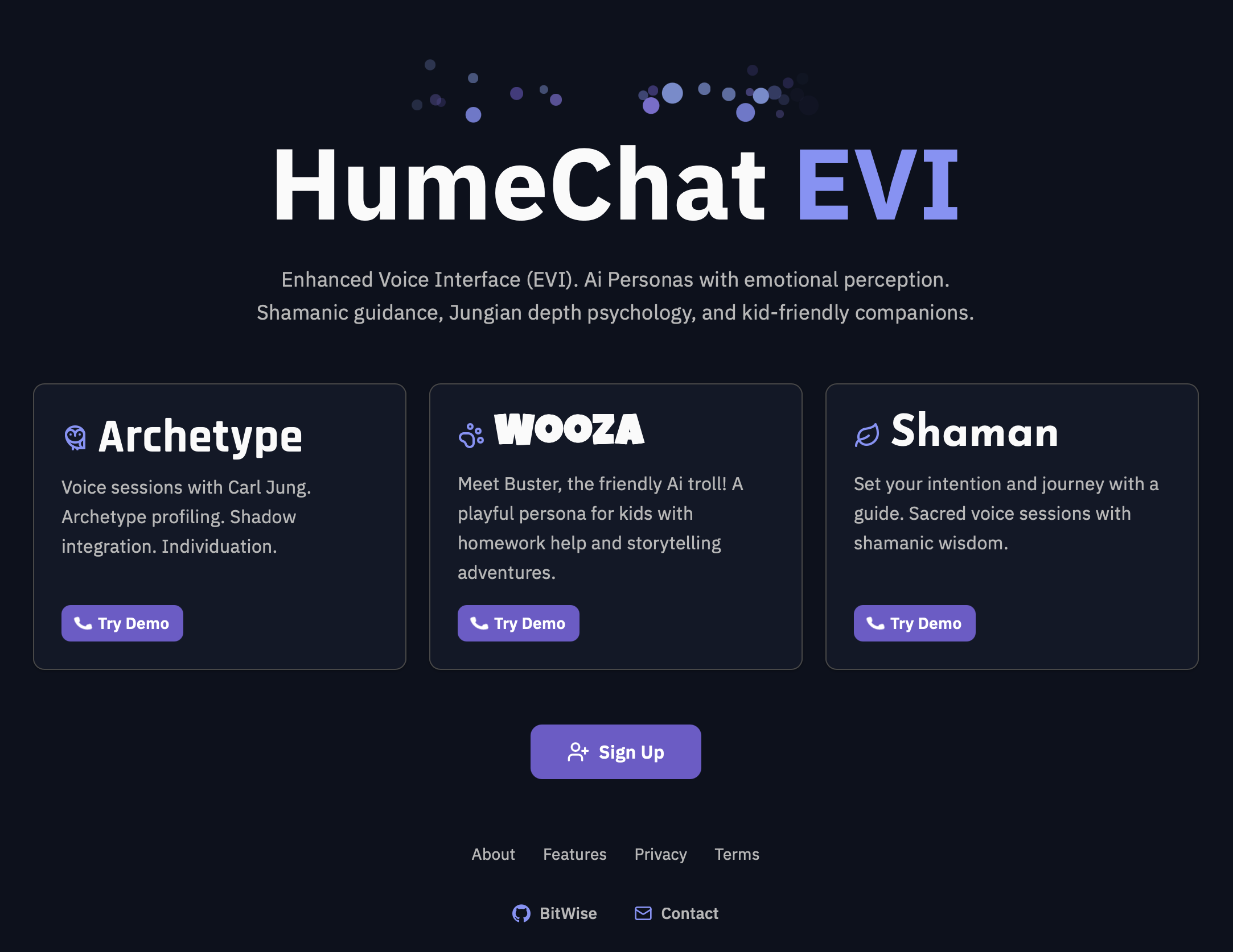 HumeChat landing page showing Archetype, Shaman, and Wooza products