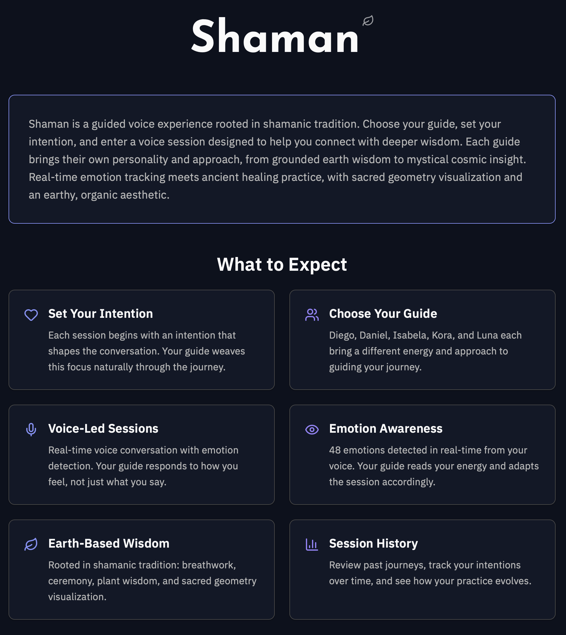 Shaman about page showing guided voice journeys with sacred geometry and intention-setting