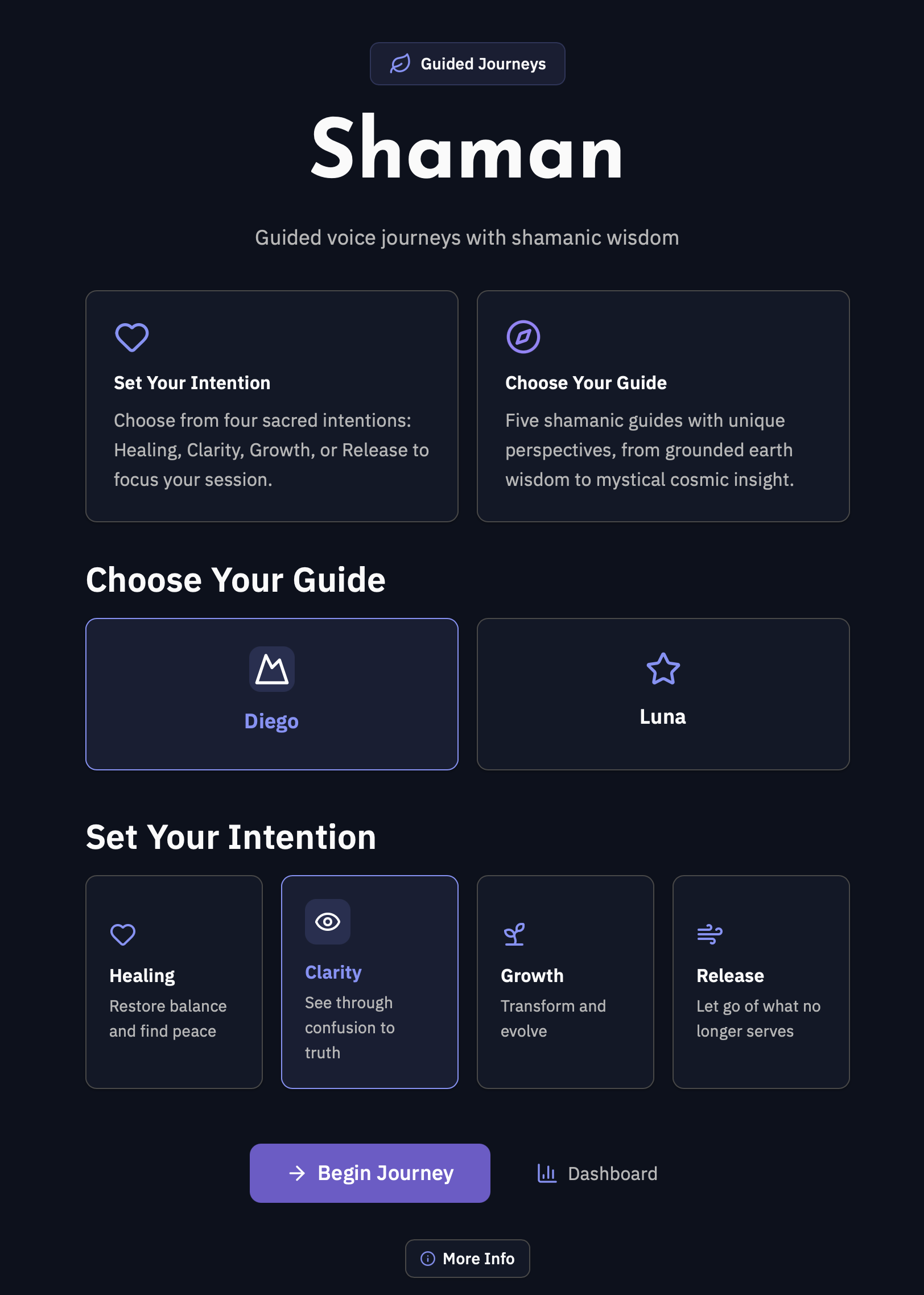 Shaman landing page with guide selection and intention cards