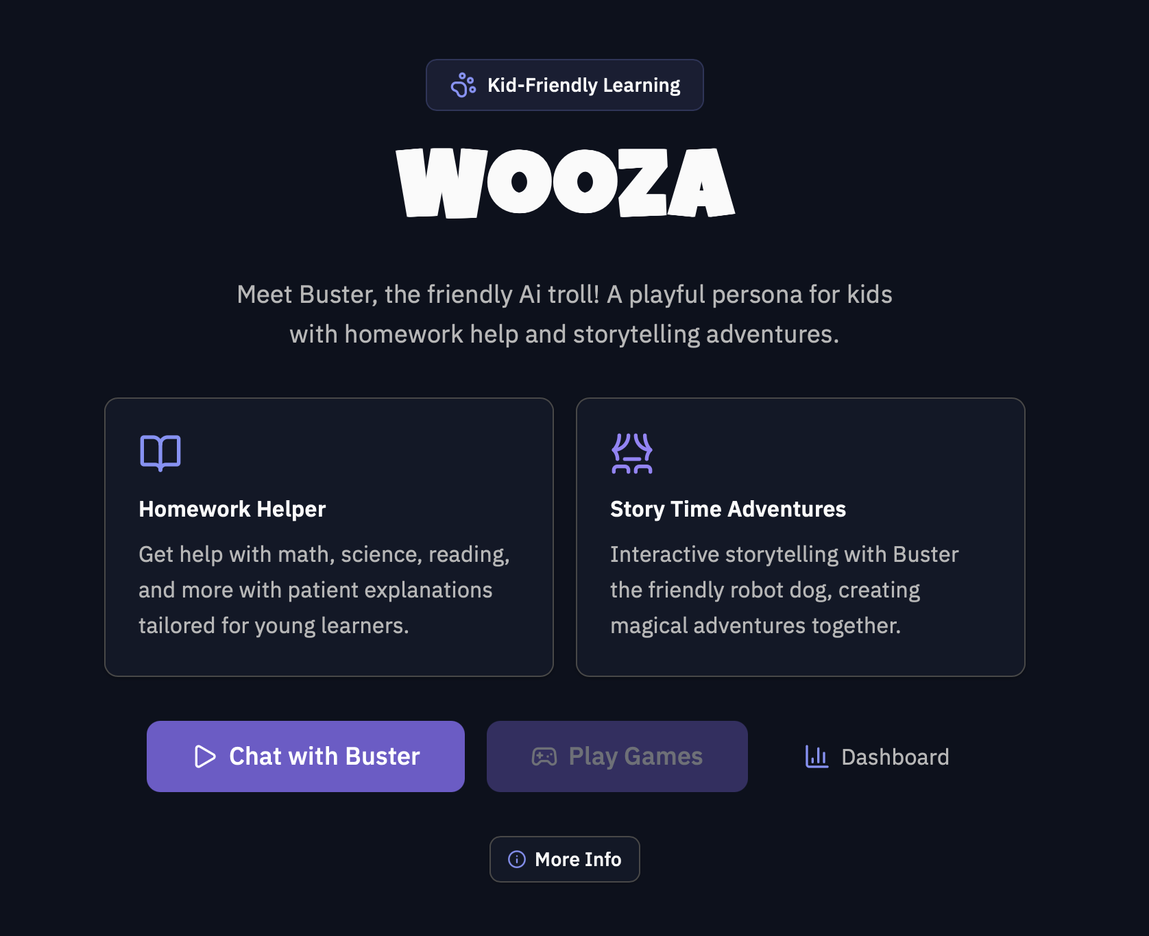Wooza, Meet Buster the friendly AI troll for kids with homework help, storytelling, reading practice, and voice games